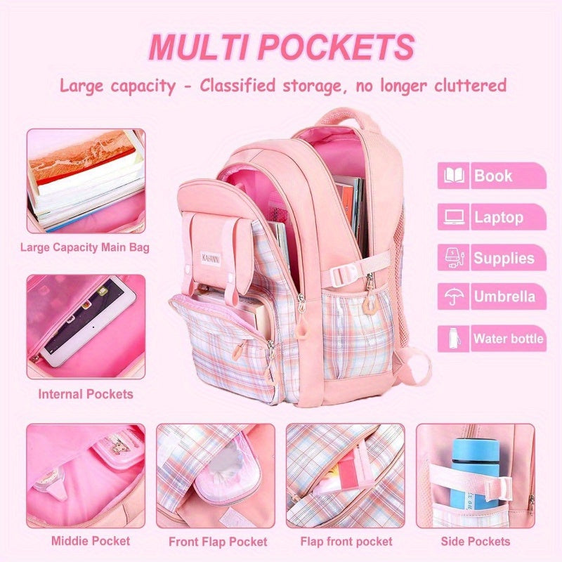 6pcs Japanese Kawaii Backpack Set with Plaid Laptop Bag