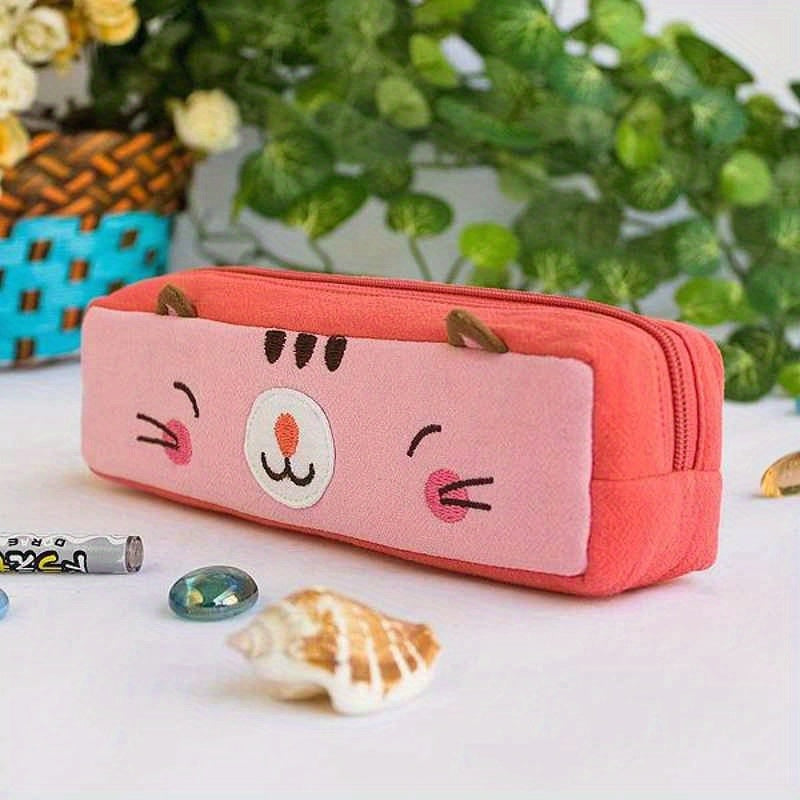 Pinky Kitten Embroidered Applique Pencil & Cosmetic Bag - Cute Cartoon Cat Design