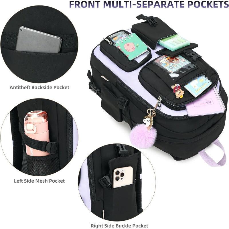 Laptop Backpacks 16 Inch School Bag College Backpack 3 PCS with Lunch Box Pencil Pouch Set Large Travel Daypack Kawaii Bookbags for Teens Girls Women Students Black Purple