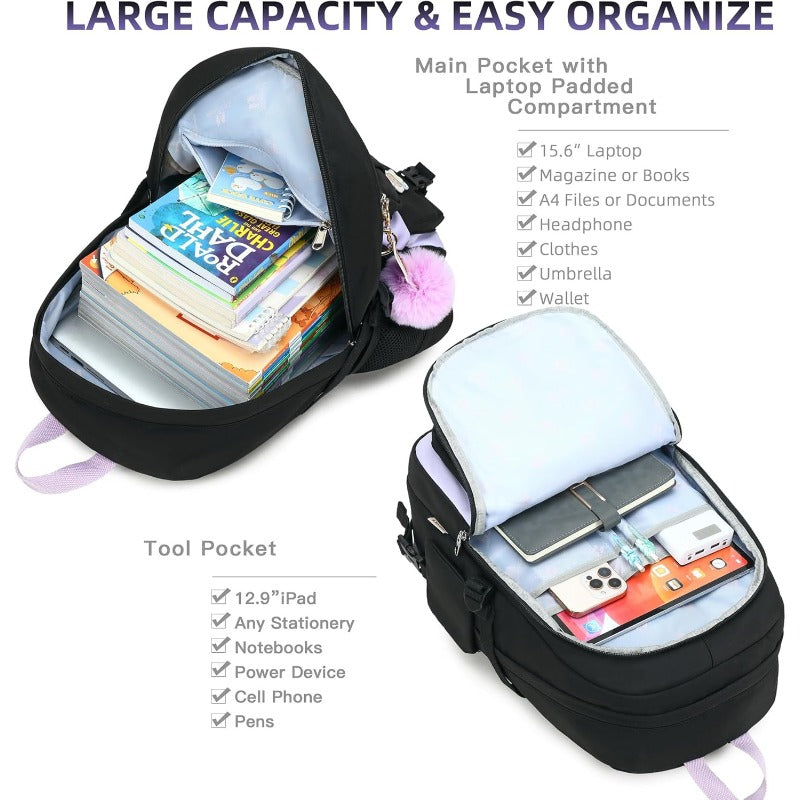 Laptop Backpacks 16 Inch School Bag College Backpack 3 PCS with Lunch Box Pencil Pouch Set Large Travel Daypack Kawaii Bookbags for Teens Girls Women Students Black Purple