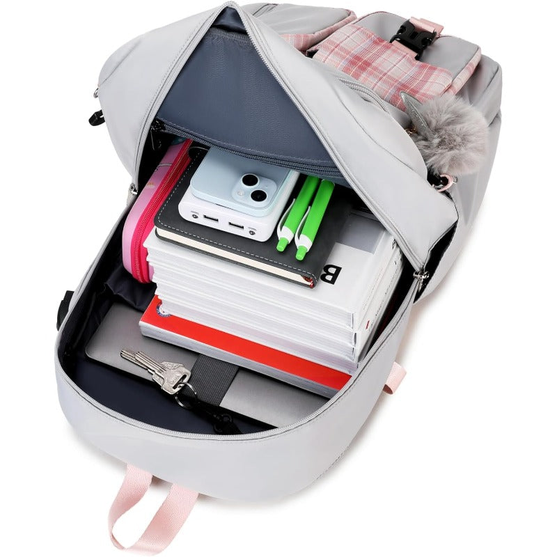 Women Fashion Travel Backpack Set Roomy Laptop Rucksack Set Casual Daypack for Girl Grey