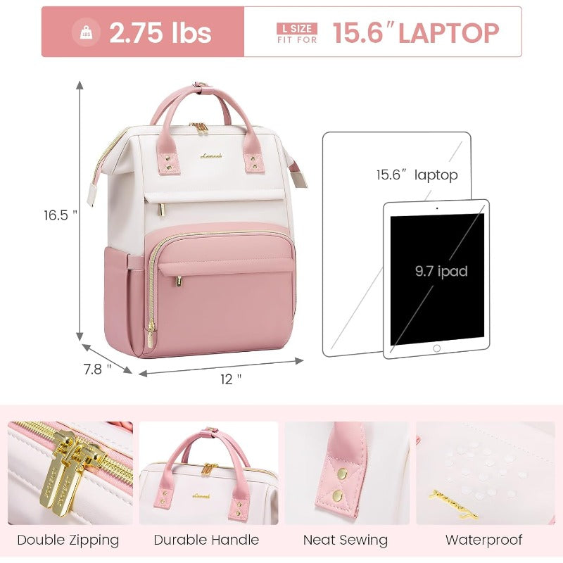 LOVEVOOK Leather Backpack for Women 15.6 Inch Laptop Bag Professional Work Tote for Nurse College Teacher Computer Travel Purse Beige WhitePink
