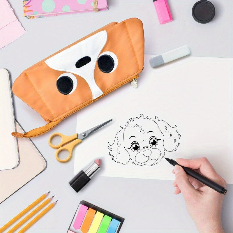 Hongdian Extra Large Capacity Pencil Case with Tan 3D Dog Face - Holds 70 Pens