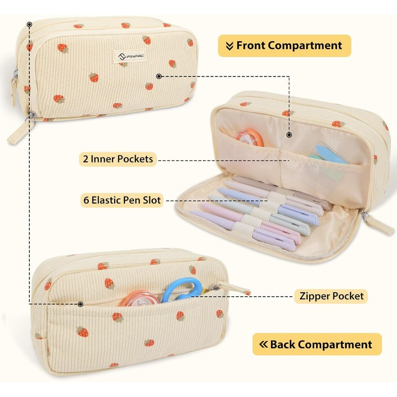 FINPAC Corduroy Triangle Pencil Case - Cute Kawaii Makeup & Pen Organizer Bag with Heart Cutouts