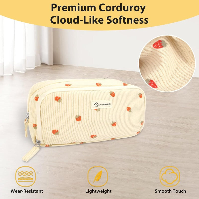 FINPAC Corduroy Triangle Pencil Case - Cute Kawaii Makeup & Pen Organizer Bag with Heart Cutouts