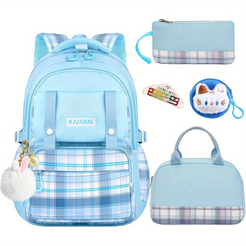 6pcs Japanese Kawaii Backpack Set with Plaid Laptop Bag