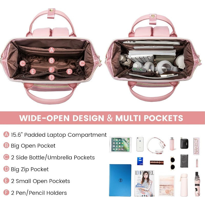 LOVEVOOK Leather Backpack for Women 15.6 Inch Laptop Bag Professional Work Tote for Nurse College Teacher Computer Travel Purse Beige WhitePink