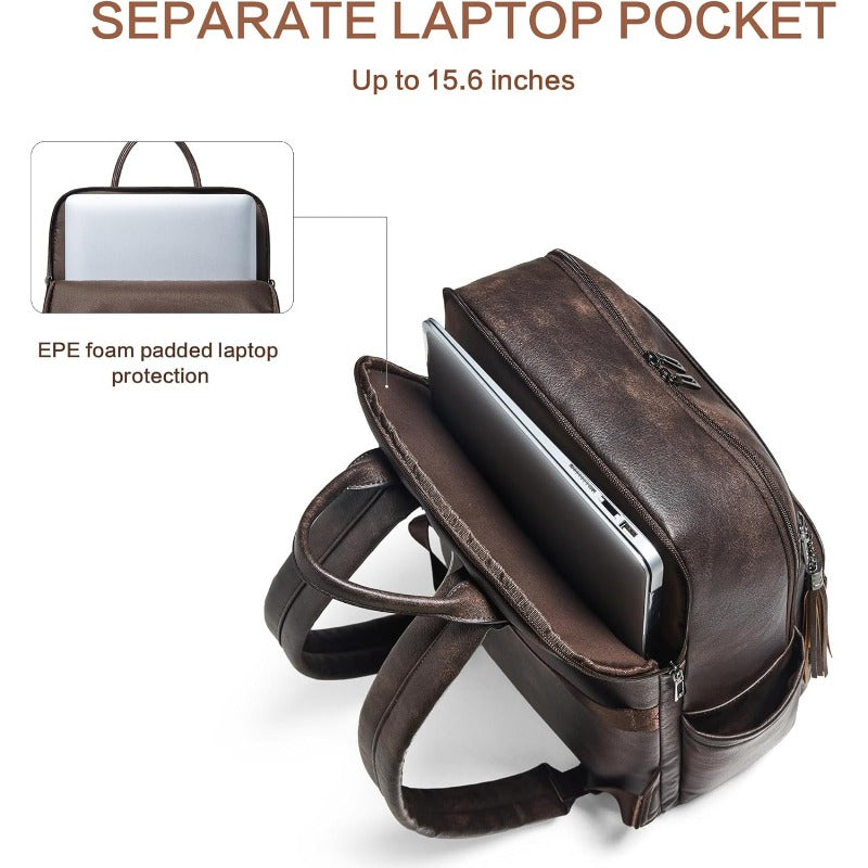 Laptop Backpack for Women 15.6 inch Laptop Leather Backpack Fashion Travel Backpacks for Work College Coffee