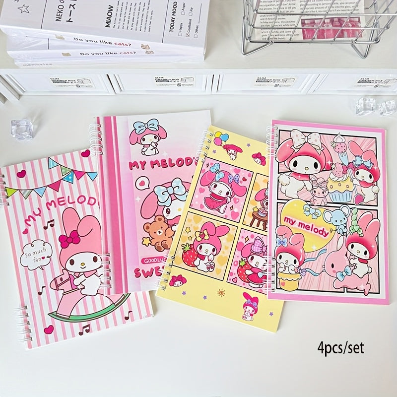 4pcs Sanrio for my melody Spiral Notebooks - Cute Cartoon Design with Pink Bows