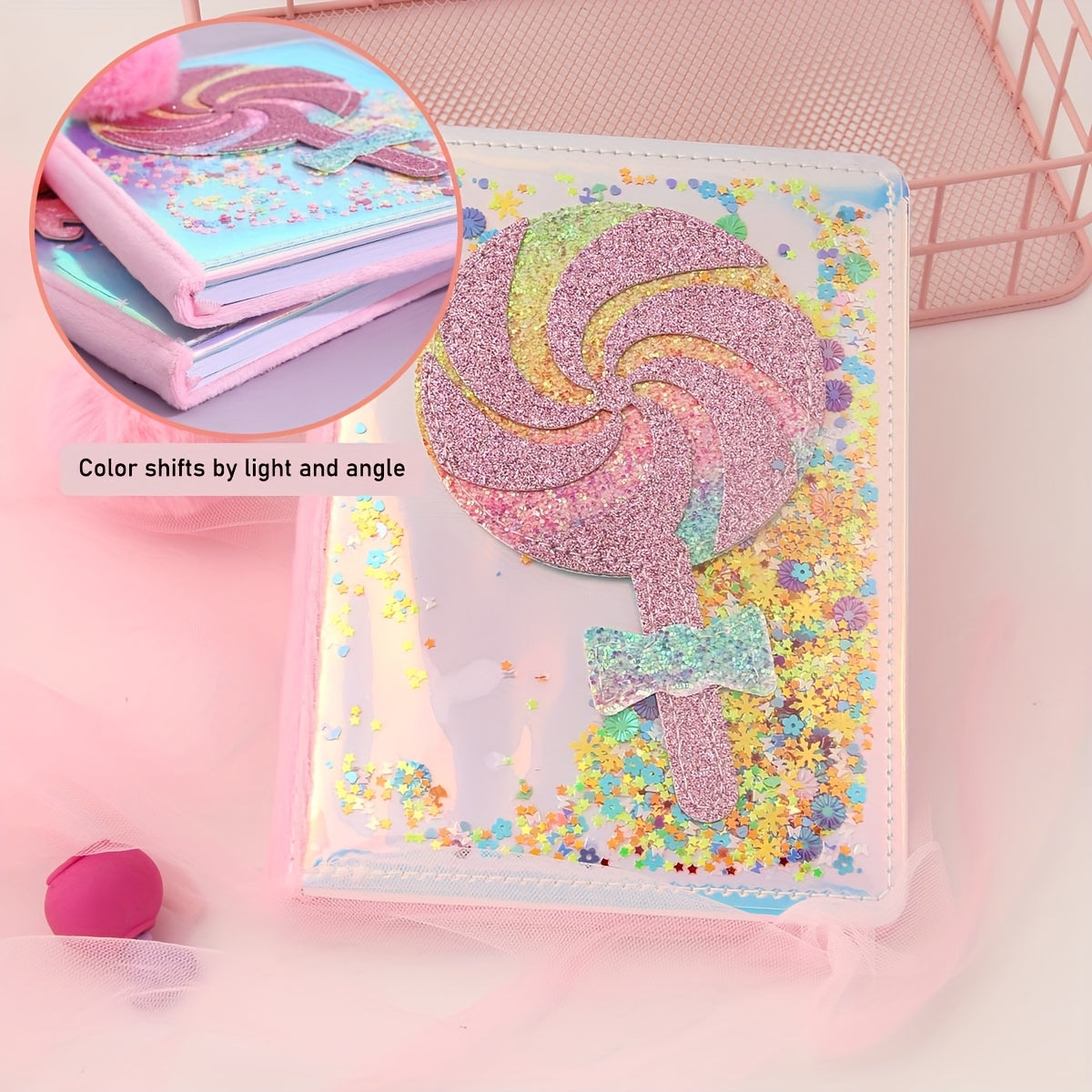 Sparkling Pink Lollipop Notebook for Girls - Glittery Candy Diary with Plush Pom-Pom