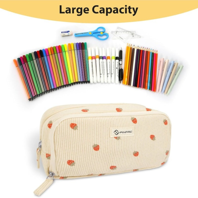 FINPAC Corduroy Triangle Pencil Case - Cute Kawaii Makeup & Pen Organizer Bag with Heart Cutouts