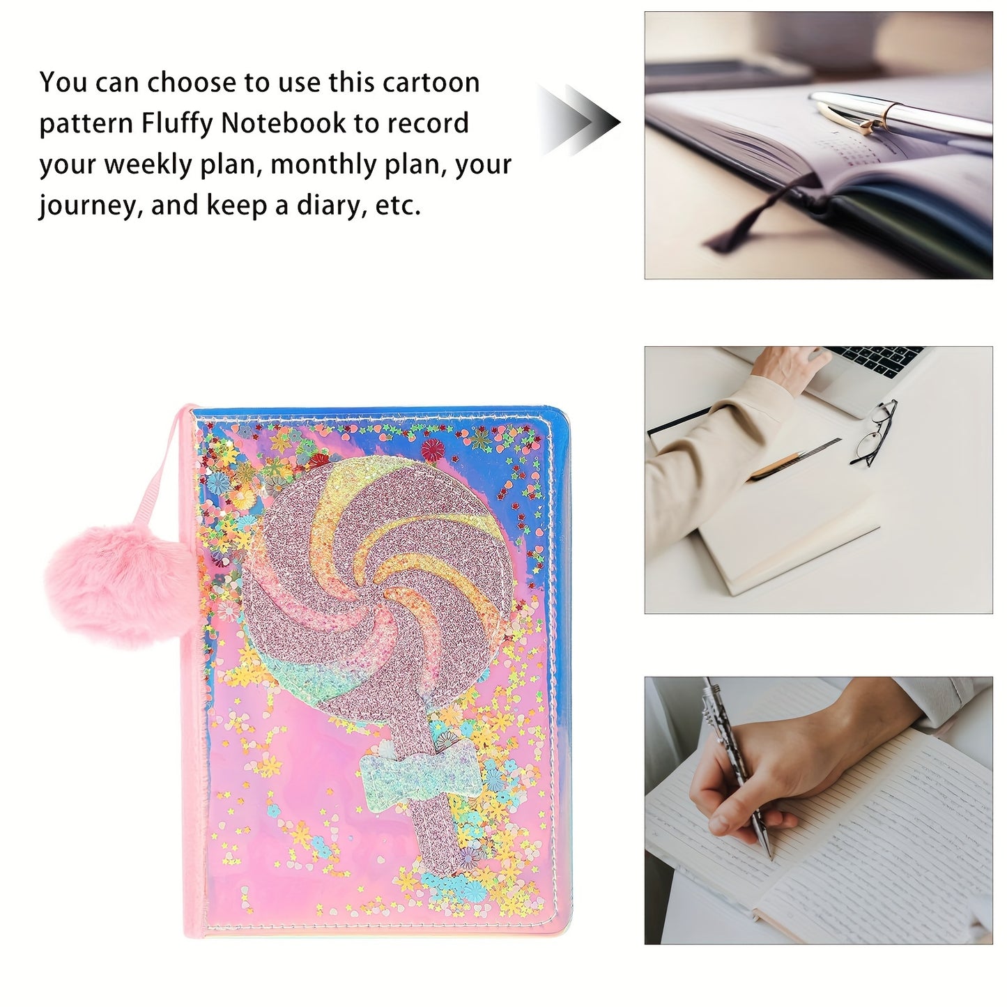 Sparkling Pink Lollipop Notebook for Girls - Glittery Candy Diary with Plush Pom-Pom