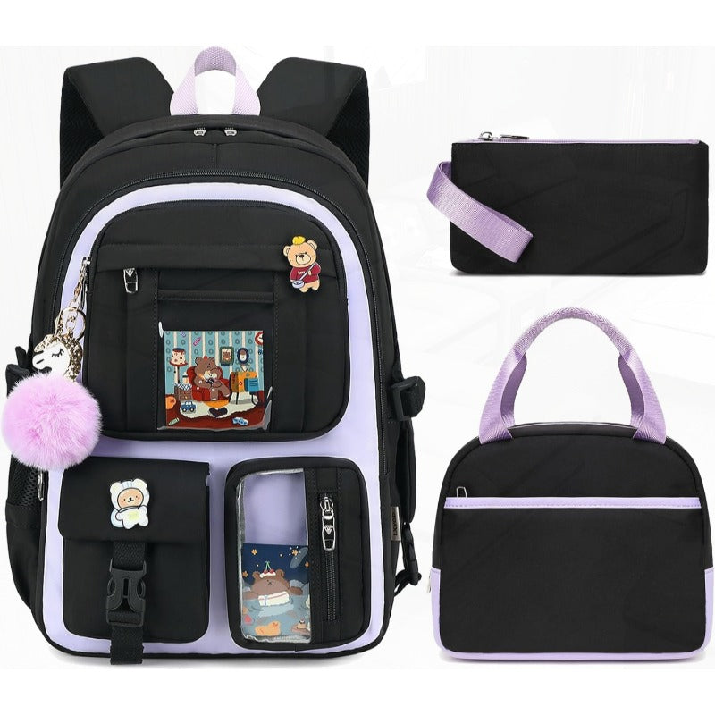 Laptop Backpacks 16 Inch School Bag College Backpack 3 PCS with Lunch Box Pencil Pouch Set Large Travel Daypack Kawaii Bookbags for Teens Girls Women Students Black Purple
