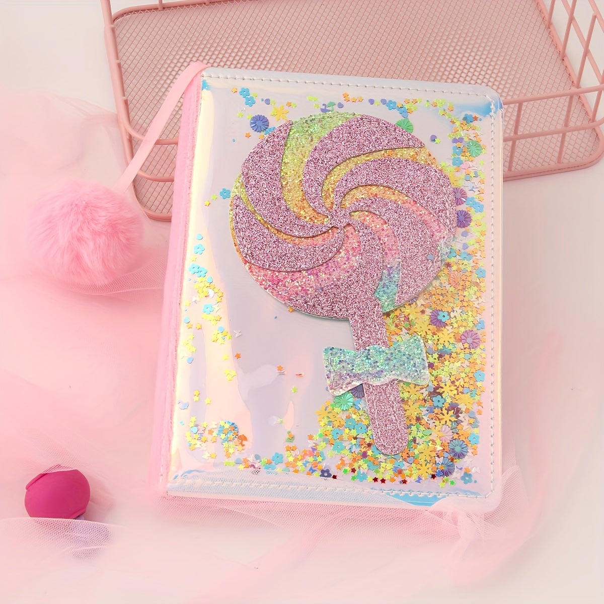 Sparkling Pink Lollipop Notebook for Girls - Glittery Candy Diary with Plush Pom-Pom