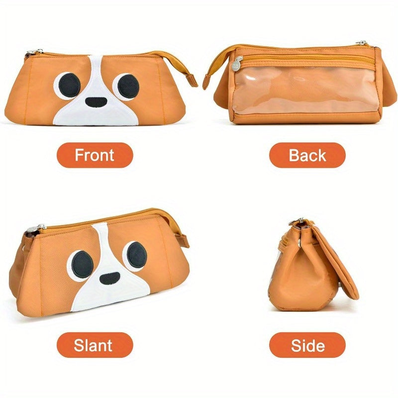 Hongdian Extra Large Capacity Pencil Case with Tan 3D Dog Face - Holds 70 Pens