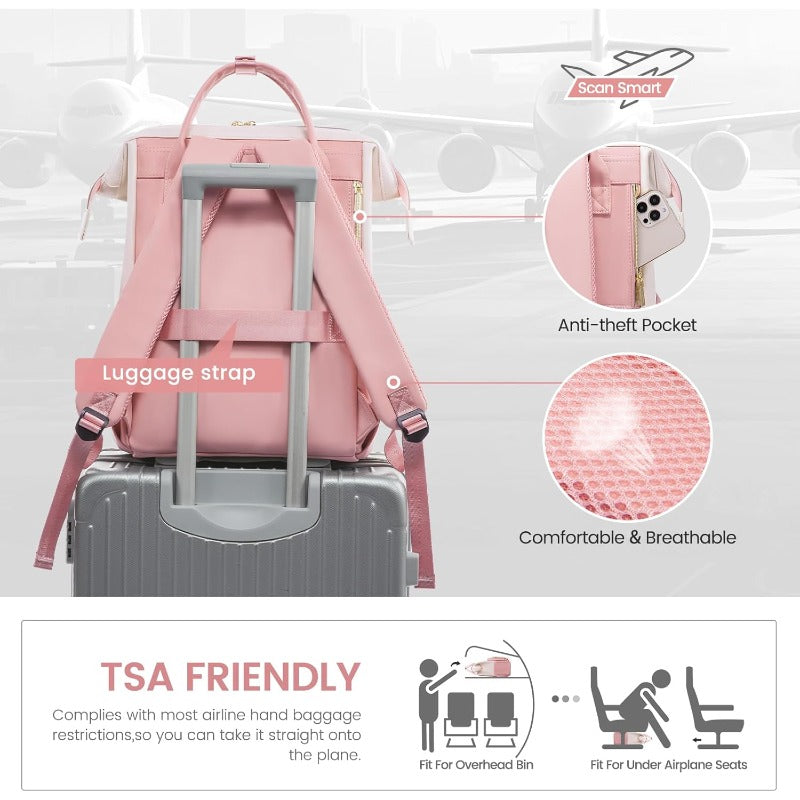 LOVEVOOK Leather Backpack for Women 15.6 Inch Laptop Bag Professional Work Tote for Nurse College Teacher Computer Travel Purse Beige WhitePink