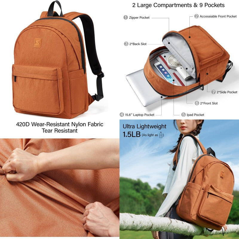 Hanke Travel Backpack for Women Men Small College Laptop Backpack Lightweight WaterResistant Work Bookbag Cute Casual Daypack for 15.6 Inch Laptop Reddish Brown