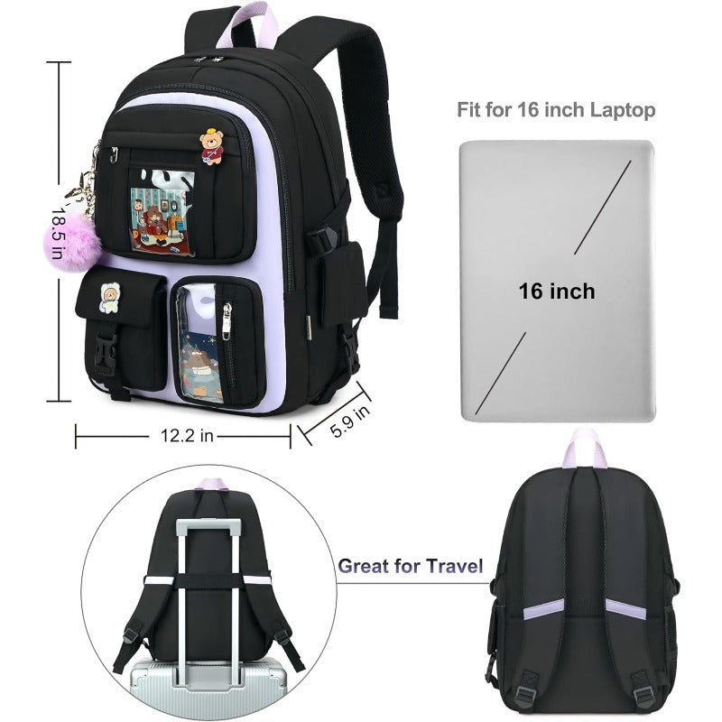 Laptop Backpacks 16 Inch School Bag College Backpack 3 PCS with Lunch Box Pencil Pouch Set Large Travel Daypack Kawaii Bookbags for Teens Girls Women Students Black Purple