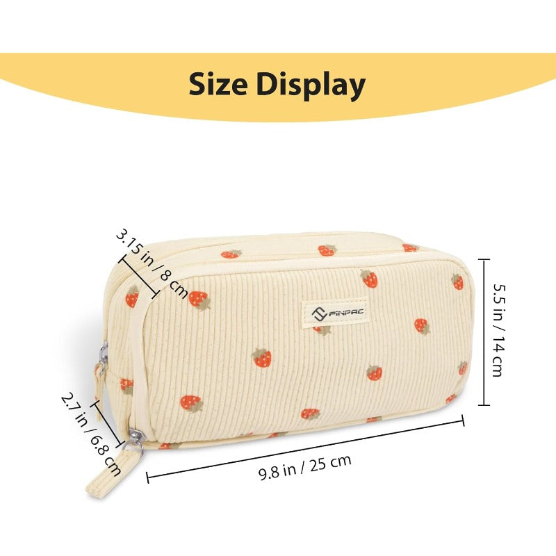 FINPAC Corduroy Triangle Pencil Case - Cute Kawaii Makeup & Pen Organizer Bag with Heart Cutouts