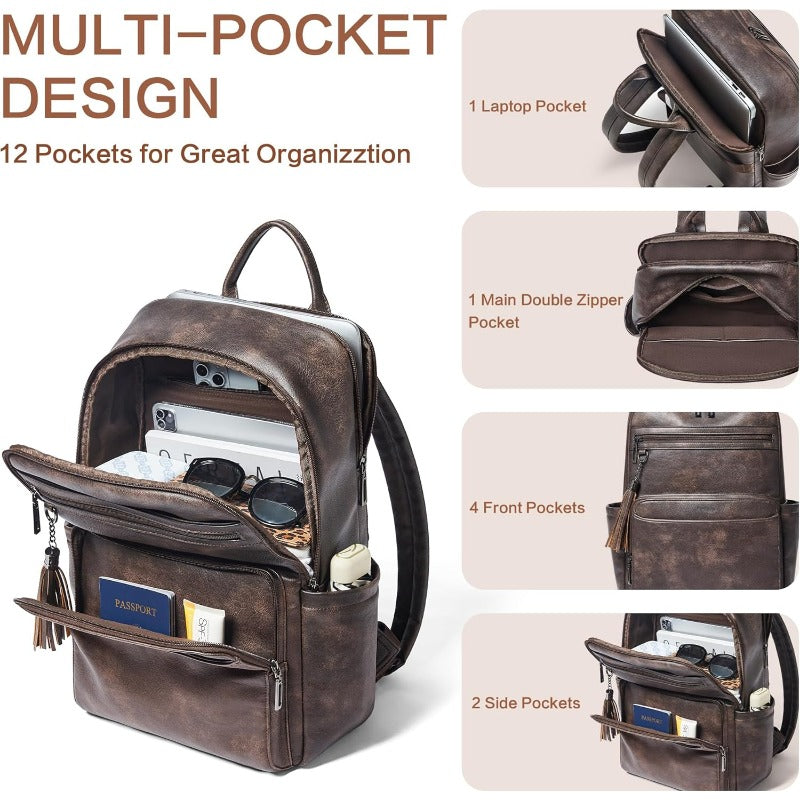 Laptop Backpack for Women 15.6 inch Laptop Leather Backpack Fashion Travel Backpacks for Work College Coffee