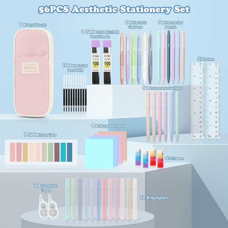 MoKo 56 PCS Aesthetic School Supplies with Pencil Pouch Cute Stationery Set for Students Office