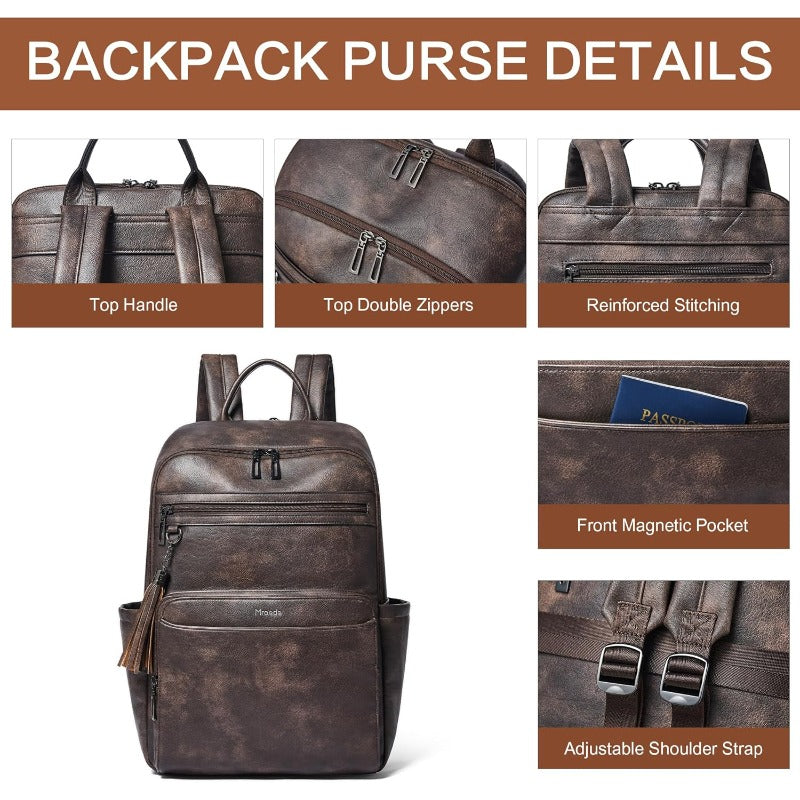 Laptop Backpack for Women 15.6 inch Laptop Leather Backpack Fashion Travel Backpacks for Work College Coffee