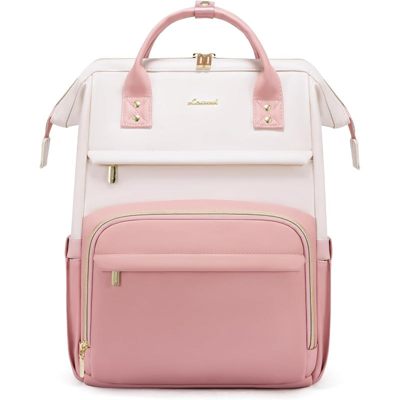 LOVEVOOK Leather Backpack for Women 15.6 Inch Laptop Bag Professional Work Tote for Nurse College Teacher Computer Travel Purse Beige WhitePink