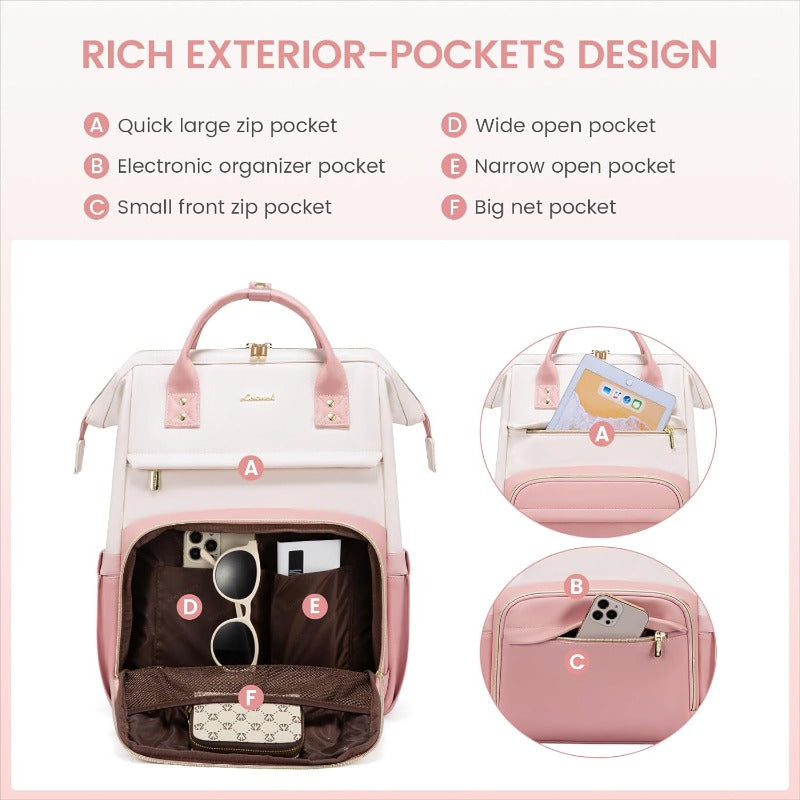 LOVEVOOK Leather Backpack for Women 15.6 Inch Laptop Bag Professional Work Tote for Nurse College Teacher Computer Travel Purse Beige WhitePink