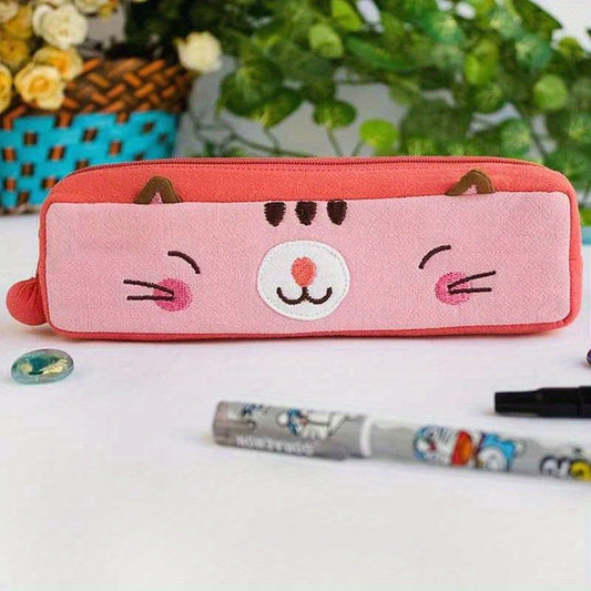 Pinky Kitten Embroidered Applique Pencil & Cosmetic Bag - Cute Cartoon Cat Design