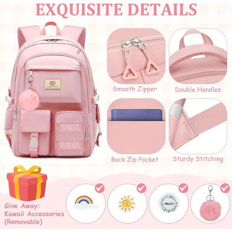 Cute Pink Glass Backpack for Girls - Large Capacity Multifunctional School Bag with Multiple Compartments