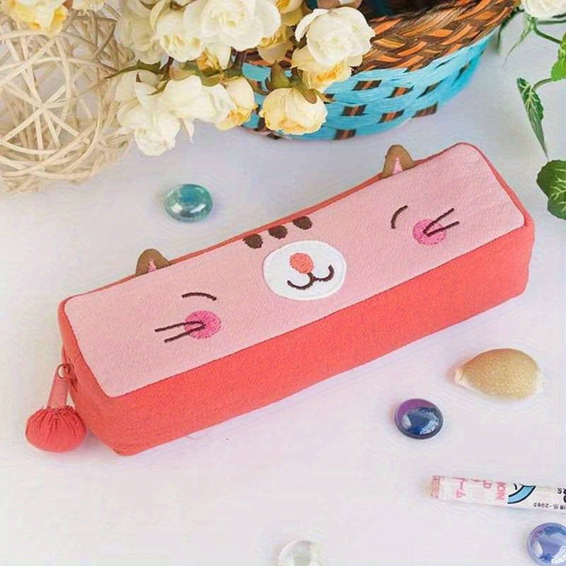 Pinky Kitten Embroidered Applique Pencil & Cosmetic Bag - Cute Cartoon Cat Design