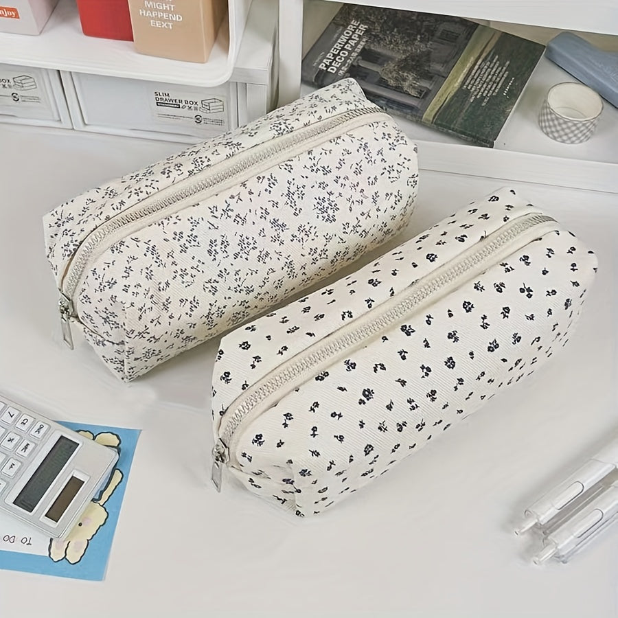 Chic Floral Pencil Case - Durable Polyester, Multi-Use Zippered Pouch for Office Supplies & Makeup Storage