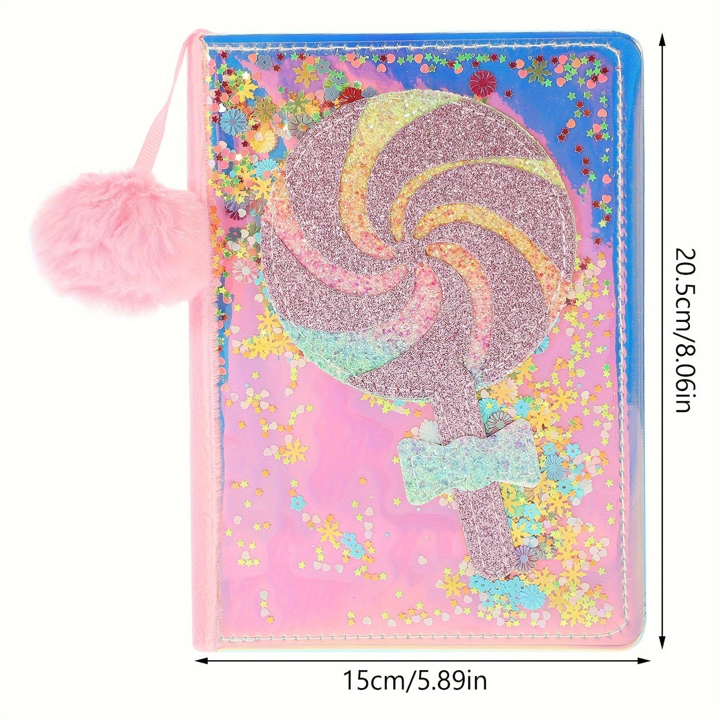 Sparkling Pink Lollipop Notebook for Girls - Glittery Candy Diary with Plush Pom-Pom