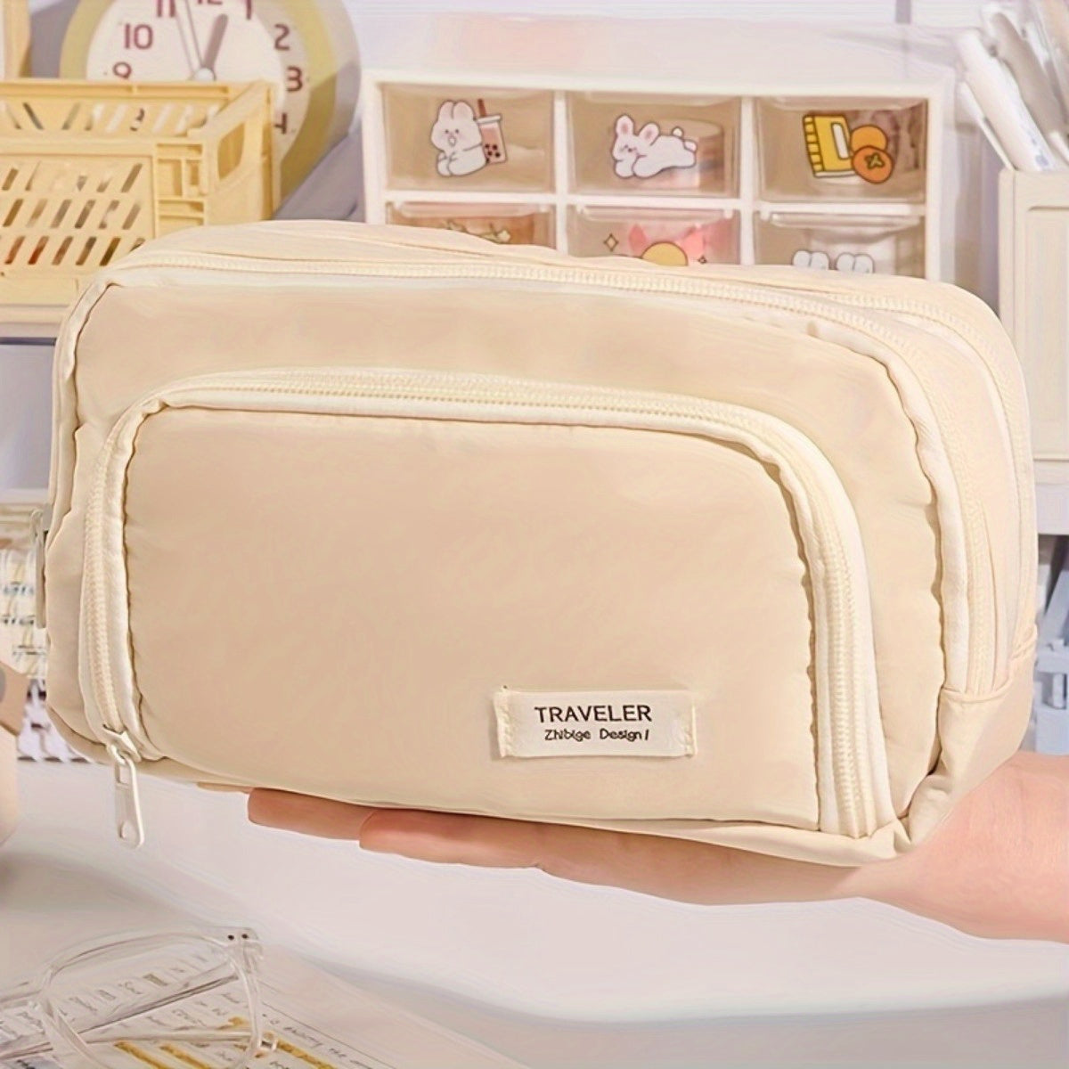 Large Capacity Oxford Cloth Pencil Case with Multiple Pockets - Durable Handheld Stationery Organizer for School
