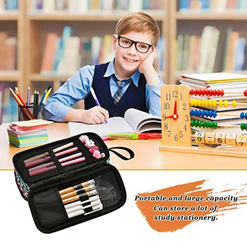 Blue Leopard Print Pen & Pencil Case - Turquoise Pink Black White Stripe-like