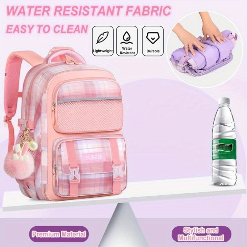 6pcs Kawaii Backpack Set, Pink Plaid Laptop Bag - Lightweight Daypack with Large Capacity