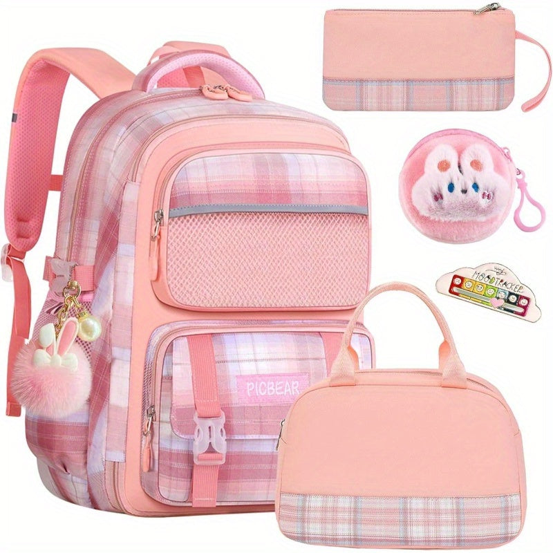 6pcs Kawaii Backpack Set, Pink Plaid Laptop Bag - Lightweight Daypack with Large Capacity