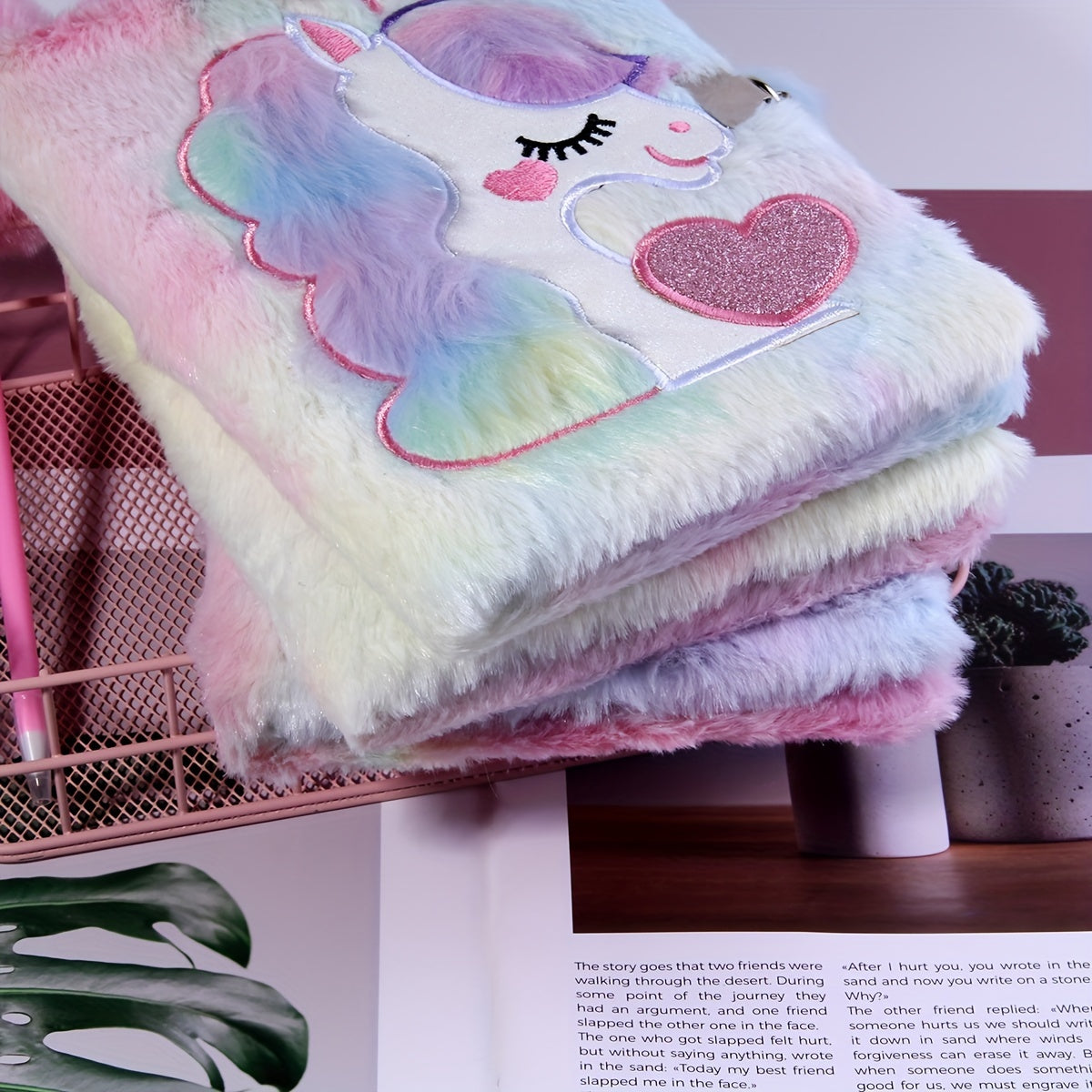 Lockable and Key Cute Cartoon Plush Notebook with Ball Pen Set, 80 Sheets\u002F160 Pages