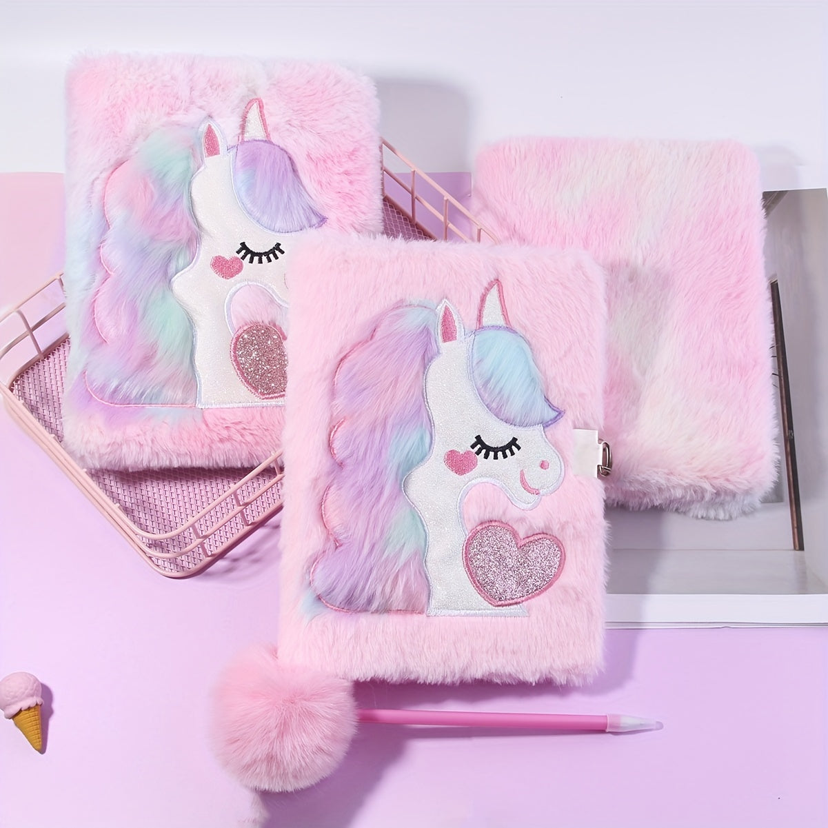 Lockable and Key Cute Cartoon Plush Notebook with Ball Pen Set, 80 Sheets\u002F160 Pages
