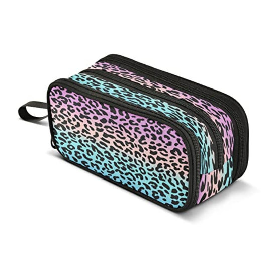 Blue Leopard Print Pen & Pencil Case - Turquoise Pink Black White Stripe-like