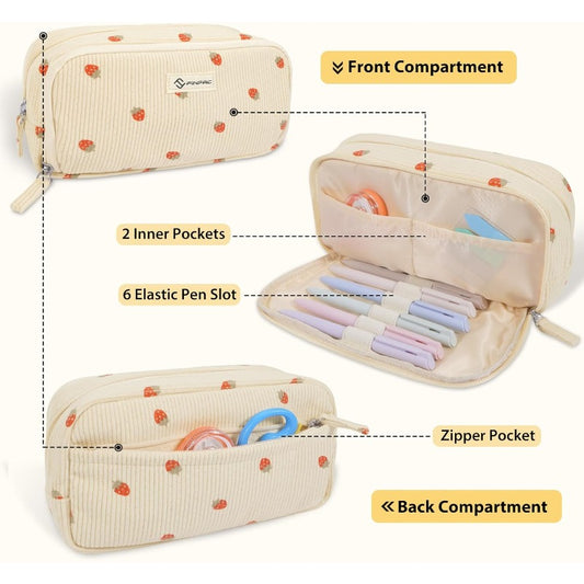 FINPAC Corduroy Triangle Pencil Case - Cute Kawaii Makeup & Pen Organizer Bag with Heart Cutouts