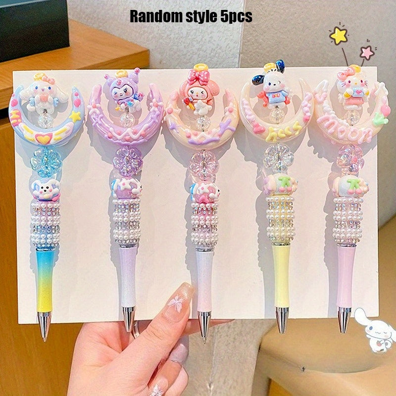 5pcs Sanrio HelloKitty Beaded pen Anime for my melody Crystal Sparkling Diamond Rotating Neutral Pen