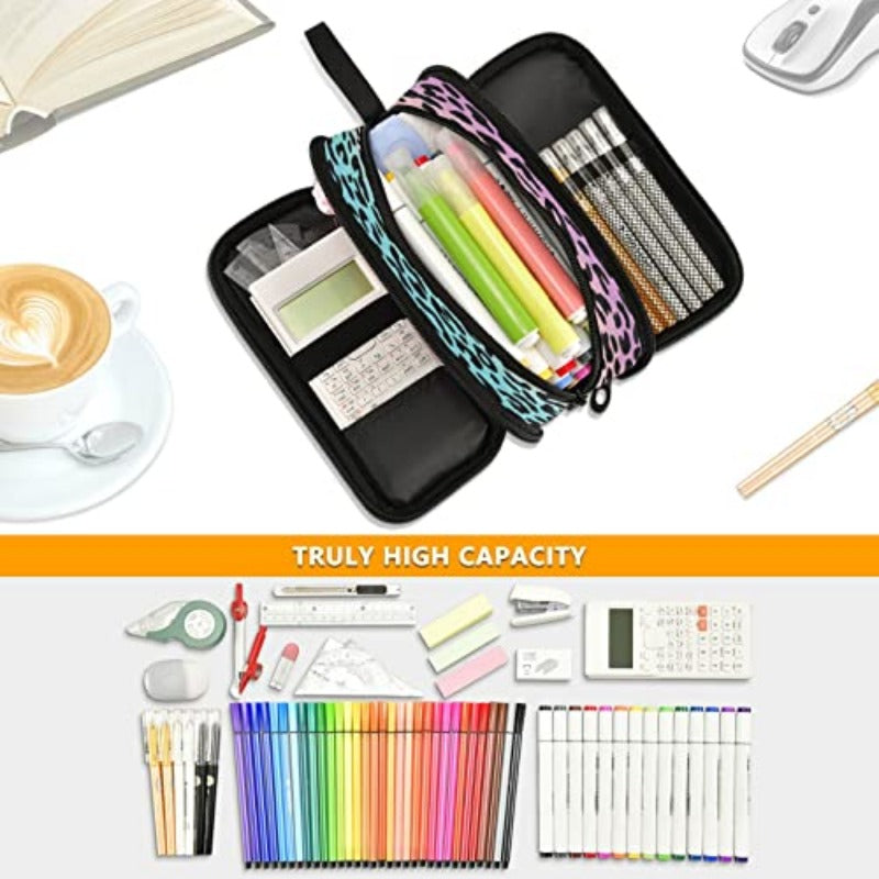 Blue Leopard Print Pen & Pencil Case - Turquoise Pink Black White Stripe-like