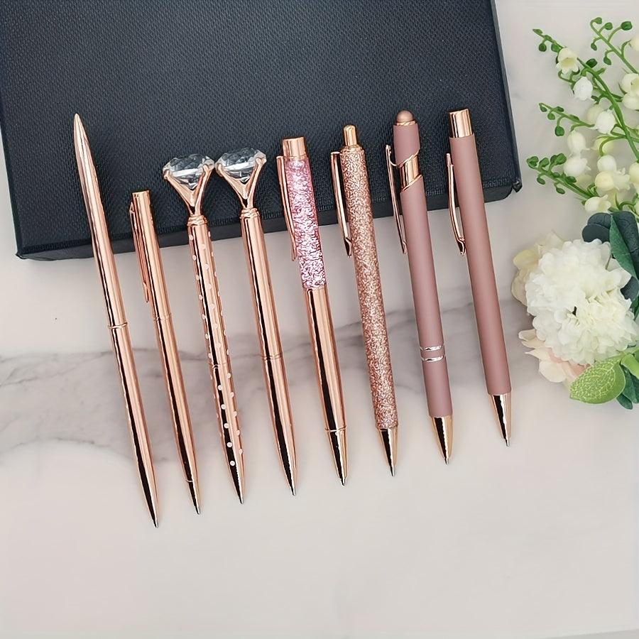 8pcs, 8pcs Rose Golden Metal Pen Set - Fashionable Metal Pens with Crystal Color Decoration