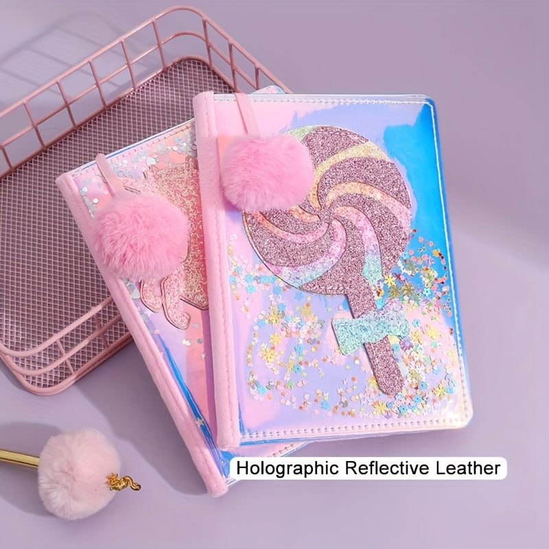 Sparkling Pink Lollipop Notebook for Girls - Glittery Candy Diary with Plush Pom-Pom