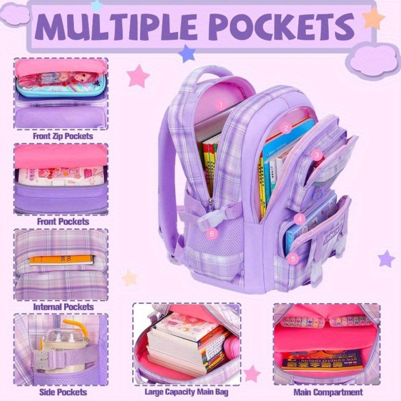 6pcs Kawaii Backpack Set, Pink Plaid Laptop Bag - Lightweight Daypack with Large Capacity
