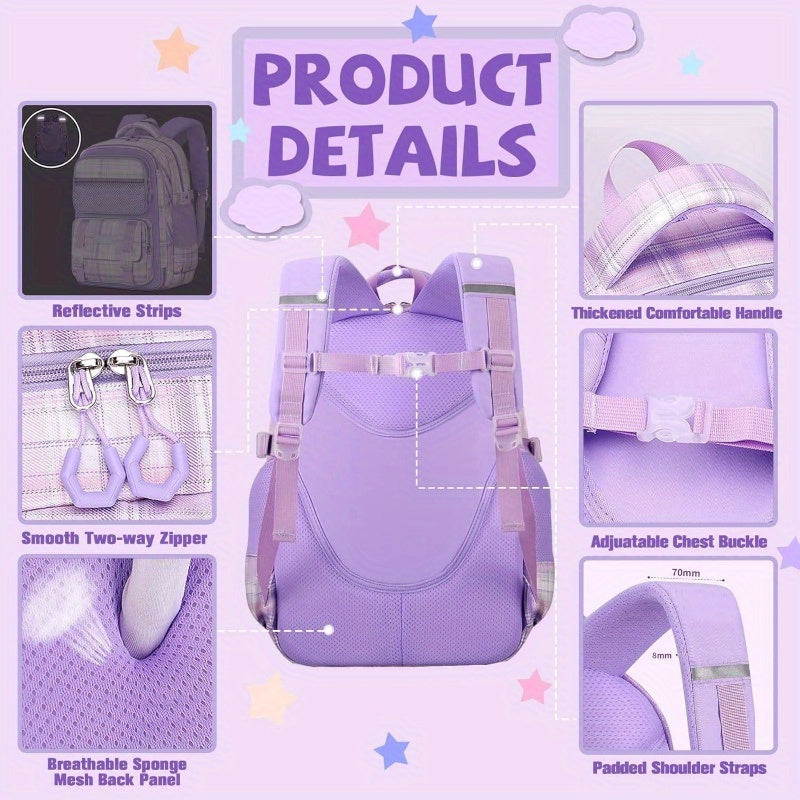 6pcs Kawaii Backpack Set, Pink Plaid Laptop Bag - Lightweight Daypack with Large Capacity
