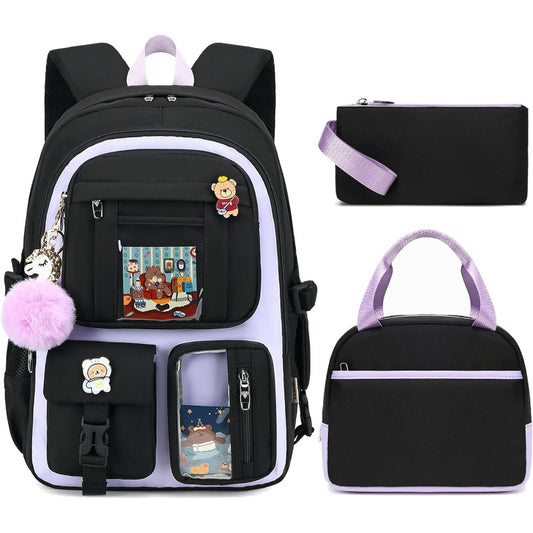 Laptop Backpacks 16 Inch School Bag College Backpack 3 PCS with Lunch Box Pencil Pouch Set Large Travel Daypack Kawaii Bookbags for Teens Girls Women Students Black Purple