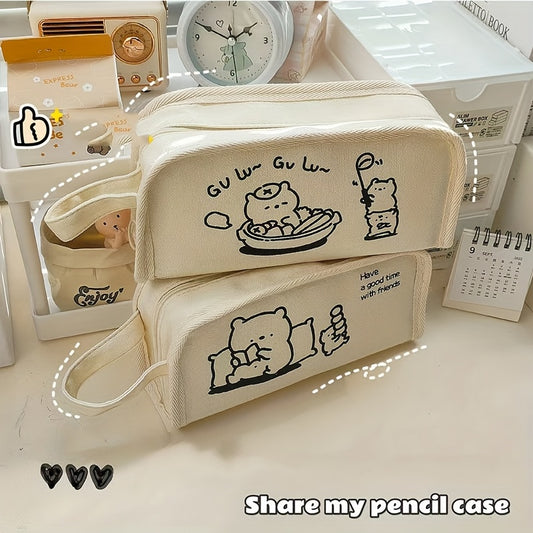 Stylish Large Capacity Canvas Pencil Case - Zippered Multi-Layer Pencil Box