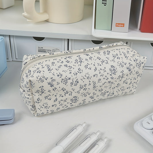 Chic Floral Pencil Case - Durable Polyester, Multi-Use Zippered Pouch for Office Supplies & Makeup Storage